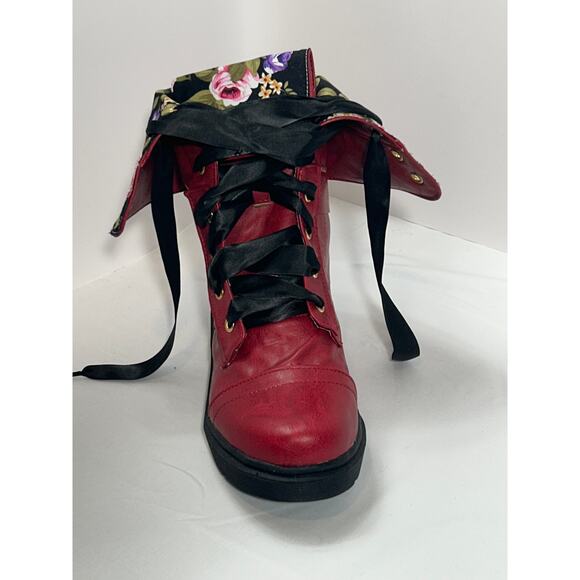 Women's Ribbon Lace up Cuff Floral Combat Boots Size 8.5-9 - Picture 6 of 10